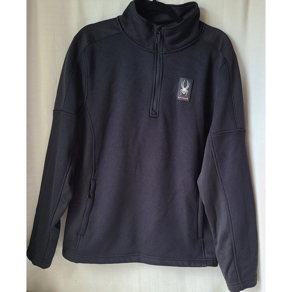 Spyder Waffle Knit 1/4 Zip Fleece Pullover Men s Medium Black Stretch Ski Base L
